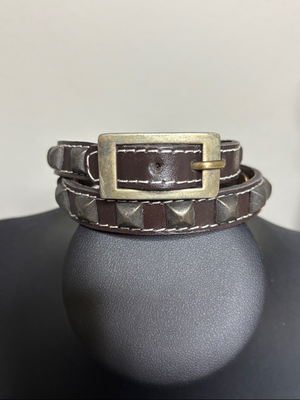Studded Brown Leather Edgy Buckle Wrap Bracelet